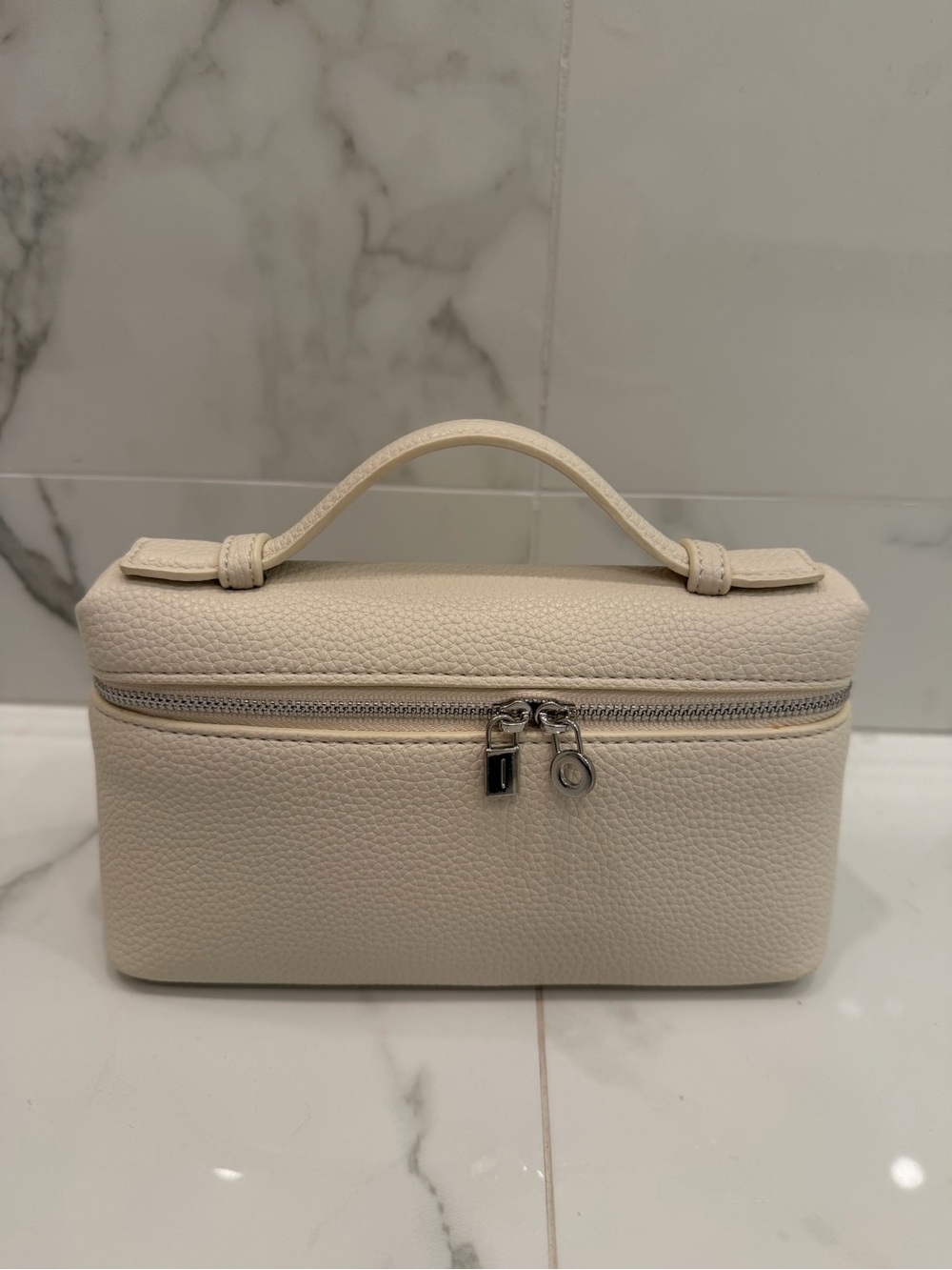 Cream Leather Top-Handle Handbag with Silver Hardware with strap